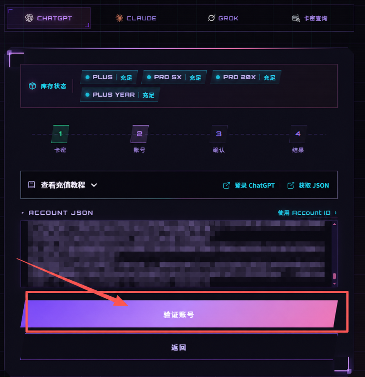 将账号信息粘贴到Account JSON输入框并点击验证账号,示例内容已打码